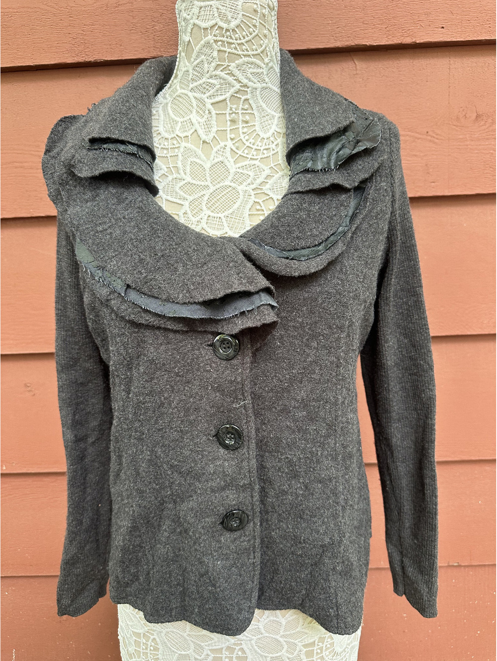 Alfani Gray Merino Wool Cardigan Sweater Cozy Ruffled Collar Layer